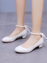 Scarpe Da Sposa Con Tacco Grosso Basso Punta Tonda Decorate Con Perline