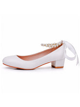 Scarpe Da Sposa Con Tacco Grosso Basso Punta Tonda Con Perline