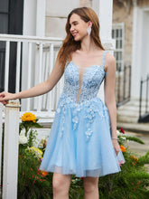 Abito Corto Da Prom Glitter Con Corpetto A Corsetto E Appliques Blu Cielo