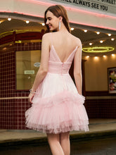 Abito Corto A-Line In Tulle A Balze Con Cuciture Glitter Rosa Cipria