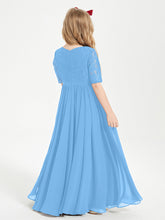 Abito Lungo Damigella Junior Top In Pizzo Con Maniche A Mezza Lunghezza Blu
