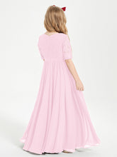 Abito Lungo Damigella Junior Top In Pizzo Con Maniche A Mezza Lunghezza Rosa Bonbon