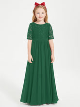 Abito Lungo Damigella Junior Top In Pizzo Con Maniche A Mezza Lunghezza Verde Scuro
