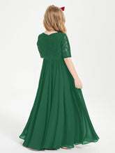 Abito Lungo Damigella Junior Top In Pizzo Con Maniche A Mezza Lunghezza Verde Scuro