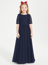 Abito Lungo Damigella Junior Top In Pizzo Con Maniche A Mezza Lunghezza Blu Scuro