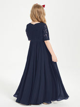 Abito Lungo Damigella Junior Top In Pizzo Con Maniche A Mezza Lunghezza Blu Scuro
