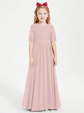 Abito Lungo Damigella Junior Top In Pizzo Con Maniche A Mezza Lunghezza Rosa Polvere