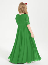 Abito Lungo Damigella Junior Top In Pizzo Con Maniche A Mezza Lunghezza Verde