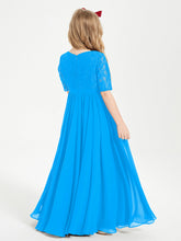 Abito Lungo Damigella Junior Top In Pizzo Con Maniche A Mezza Lunghezza Blu Oceano