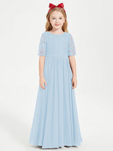 Abito Lungo Damigella Junior Top In Pizzo Con Maniche A Mezza Lunghezza Blu Cielo