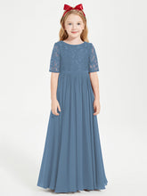 Abito Lungo Damigella Junior Top In Pizzo Con Maniche A Mezza Lunghezza Blu Ardesia
