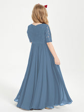 Abito Lungo Damigella Junior Top In Pizzo Con Maniche A Mezza Lunghezza Blu Ardesia