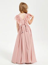 Abiti Damigella Junior In Chiffon Pizzo Maniche A Farfalla Scollo Rotondo Rosa Polvere