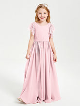 Abiti Damigella Junior In Chiffon Pizzo Maniche A Farfalla Scollo Rotondo Rosa Cipria