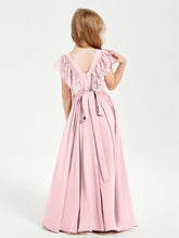 Abiti Damigella Junior In Chiffon Pizzo Maniche A Farfalla Scollo Rotondo Rosa Cipria