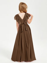 Abiti Damigella Junior In Chiffon Pizzo Maniche A Farfalla Scollo Rotondo Marrone
