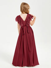 Abiti Damigella Junior In Chiffon Pizzo Maniche A Farfalla Scollo Rotondo Borgogna