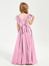 Abiti Damigella Junior In Chiffon Pizzo Maniche A Farfalla Scollo Rotondo Rosa Bonbon