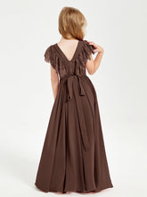 Abiti Damigella Junior In Chiffon Pizzo Maniche A Farfalla Scollo Rotondo Cioccolato