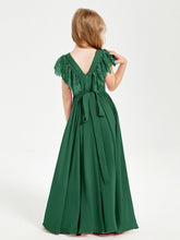 Abiti Damigella Junior In Chiffon Pizzo Maniche A Farfalla Scollo Rotondo Verde Scuro