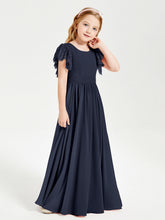 Abiti Damigella Junior In Chiffon Pizzo Maniche A Farfalla Scollo Rotondo Blu Scuro