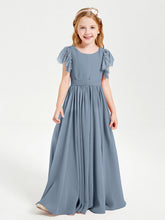 Abiti Damigella Junior In Chiffon Pizzo Maniche A Farfalla Scollo Rotondo Azzurro Polvere