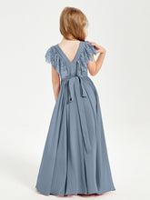 Abiti Damigella Junior In Chiffon Pizzo Maniche A Farfalla Scollo Rotondo Azzurro Polvere