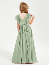 Abiti Damigella Junior In Chiffon Pizzo Maniche A Farfalla Scollo Rotondo Salvia Polvere