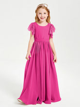 Abiti Damigella Junior In Chiffon Pizzo Maniche A Farfalla Scollo Rotondo Fucsia