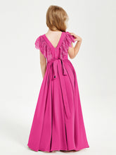 Abiti Damigella Junior In Chiffon Pizzo Maniche A Farfalla Scollo Rotondo Fucsia
