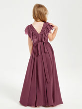Abiti Damigella Junior In Chiffon Pizzo Maniche A Farfalla Scollo Rotondo Gelso