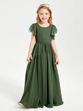Abiti Damigella Junior In Chiffon Pizzo Maniche A Farfalla Scollo Rotondo Verde Oliva