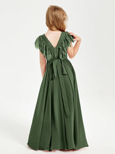 Abiti Damigella Junior In Chiffon Pizzo Maniche A Farfalla Scollo Rotondo Verde Oliva