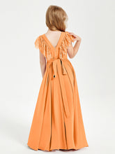 Abiti Damigella Junior In Chiffon Pizzo Maniche A Farfalla Scollo Rotondo Arancio