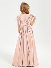 Abiti Damigella Junior In Chiffon Pizzo Maniche A Farfalla Scollo Rotondo Rosa Perlato