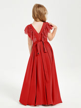 Abiti Damigella Junior In Chiffon Pizzo Maniche A Farfalla Scollo Rotondo Rosso