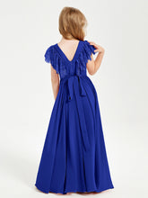 Abiti Damigella Junior In Chiffon Pizzo Maniche A Farfalla Scollo Rotondo Blu Royal