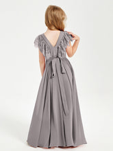 Abiti Damigella Junior In Chiffon Pizzo Maniche A Farfalla Scollo Rotondo Argento