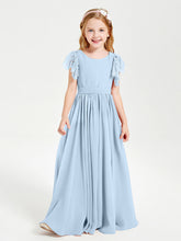 Abiti Damigella Junior In Chiffon Pizzo Maniche A Farfalla Scollo Rotondo Blu Cielo