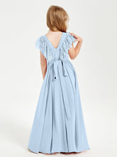 Abiti Damigella Junior In Chiffon Pizzo Maniche A Farfalla Scollo Rotondo Blu Cielo
