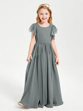 Abiti Damigella Junior In Chiffon Pizzo Maniche A Farfalla Scollo Rotondo Grigio Acciaio