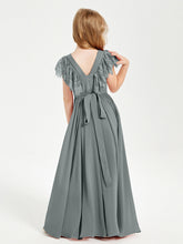 Abiti Damigella Junior In Chiffon Pizzo Maniche A Farfalla Scollo Rotondo Grigio Acciaio