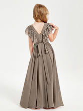 Abiti Damigella Junior In Chiffon Pizzo Maniche A Farfalla Scollo Rotondo Tortora