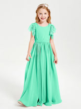 Abiti Damigella Junior In Chiffon Pizzo Maniche A Farfalla Scollo Rotondo Turchese
