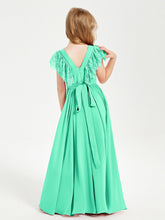 Abiti Damigella Junior In Chiffon Pizzo Maniche A Farfalla Scollo Rotondo Turchese