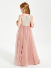 Abito Damigella Junior Lungo Top Con Paillettes Gonna In Tulle Rosa Polvere