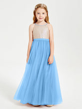 Abito Damigella Junior Lungo Top Con Paillettes Gonna In Tulle Blu