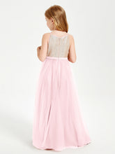 Abito Damigella Junior Lungo Top Con Paillettes Gonna In Tulle Rosa Cipria