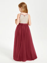 Abito Damigella Junior Lungo Top Con Paillettes Gonna In Tulle Borgogna