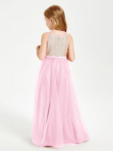 Abito Damigella Junior Lungo Top Con Paillettes Gonna In Tulle Rosa Bonbon